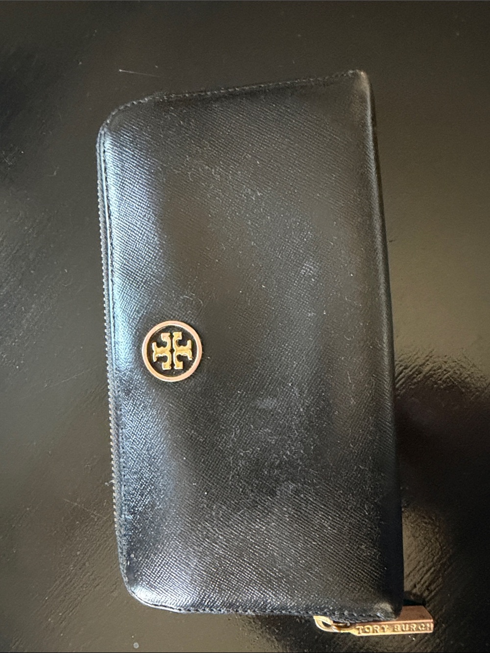 Tory Burch Black Leather Zip Wallet with Gold Logo